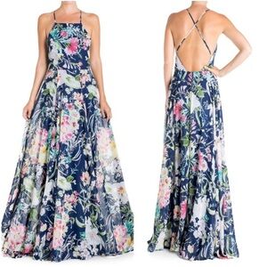 Meghan Los Angeles Midnight Floral Chiffon Criss Cross Back Maxi Dress Small